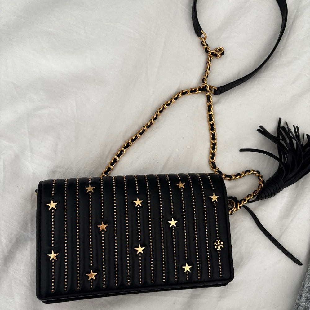 Tory Burch Star Studded Crossbody Wallet Black with Gold Stars